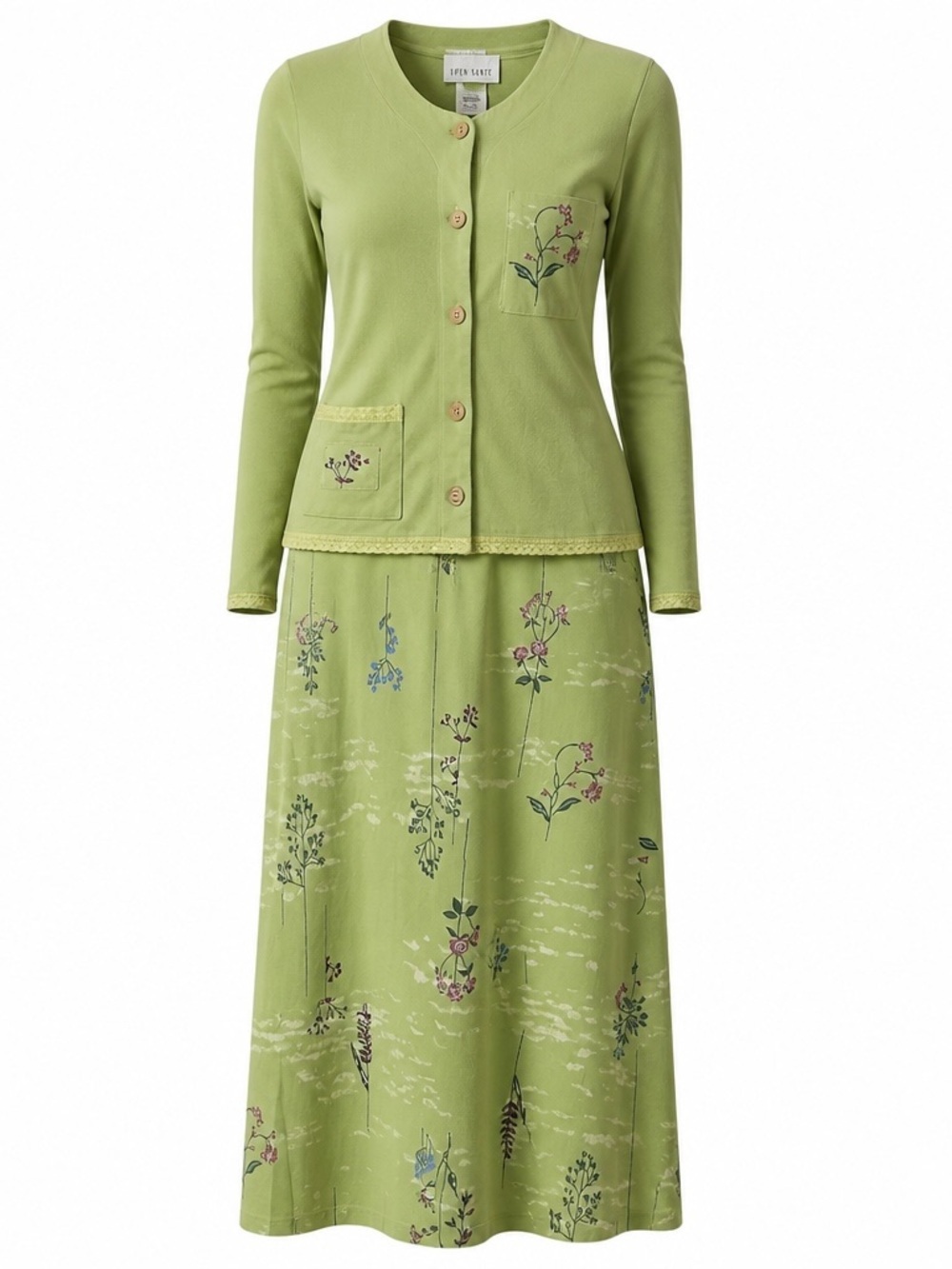 Women’s 2 Pc Dress Sage Green Floral Maxi Tank Dress Jacket Cottagecore small